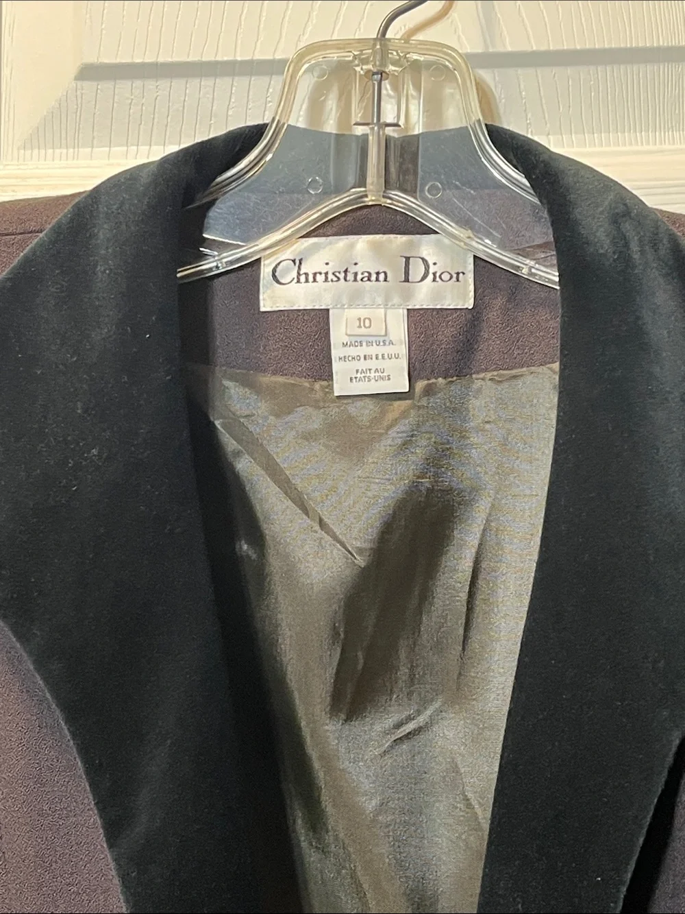 Vintage Christian Dior Brown Worsted Wool Blazer w/ Black Velvet Trim size 10